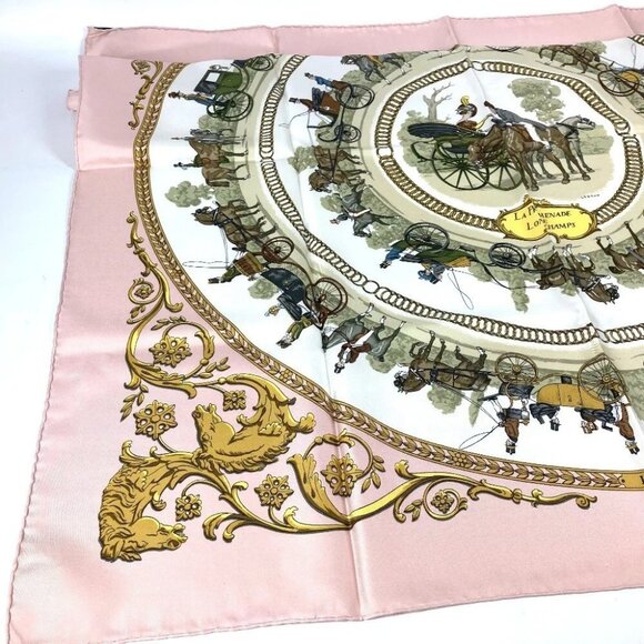 HERMES Carre90 A walk to LA PROMENADE DE LONGCHAMPS Longchamps Scarf silk pink - Picture 9 of 14